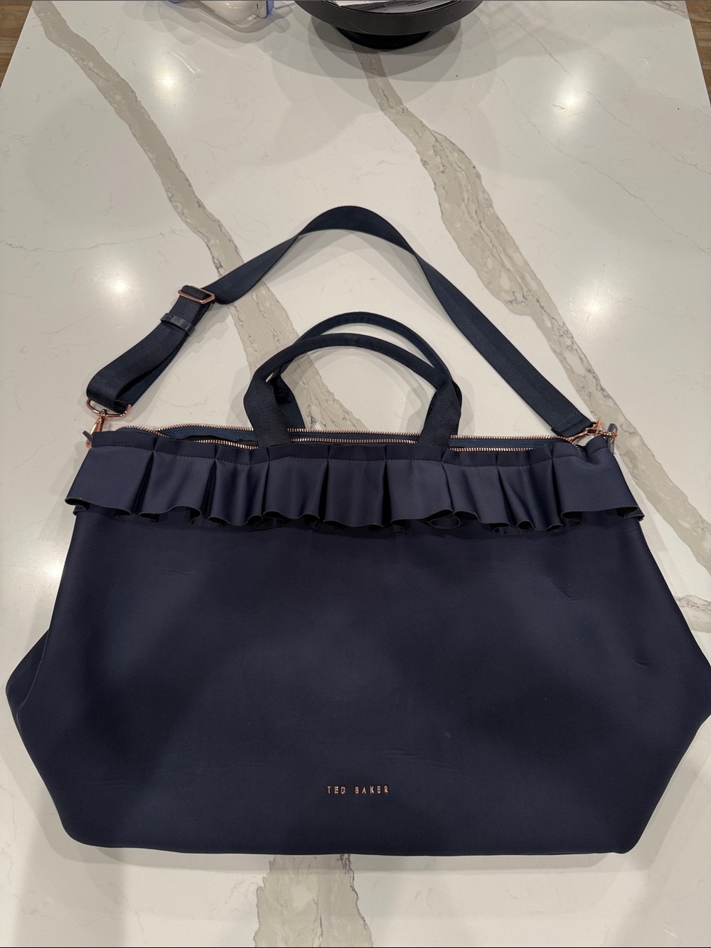Ted Baker Navy Ruffle Tote with Rose Gold Hardware